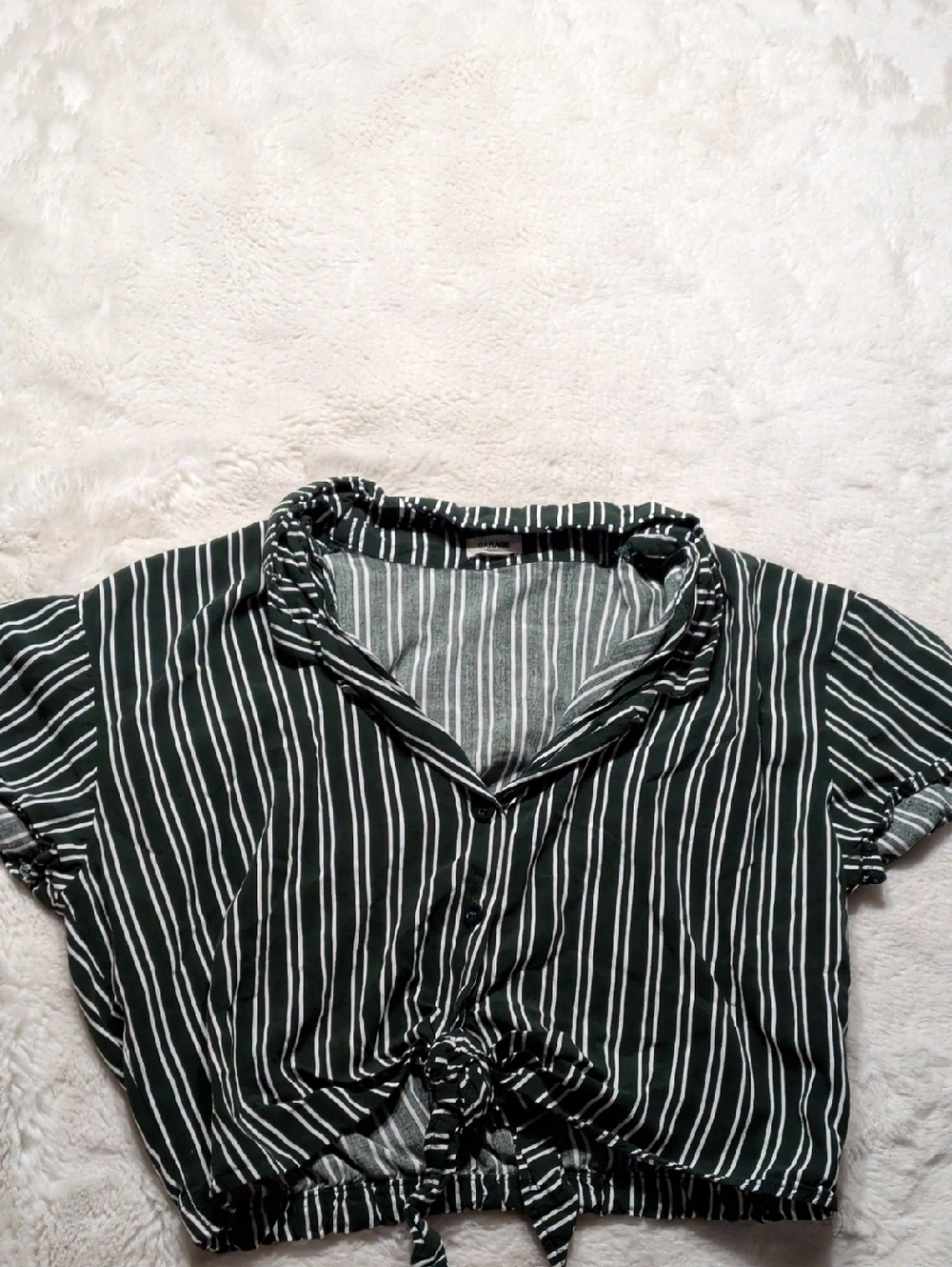 Garage Striped Tie-Front Short Sleeve Top in Dark Green and White